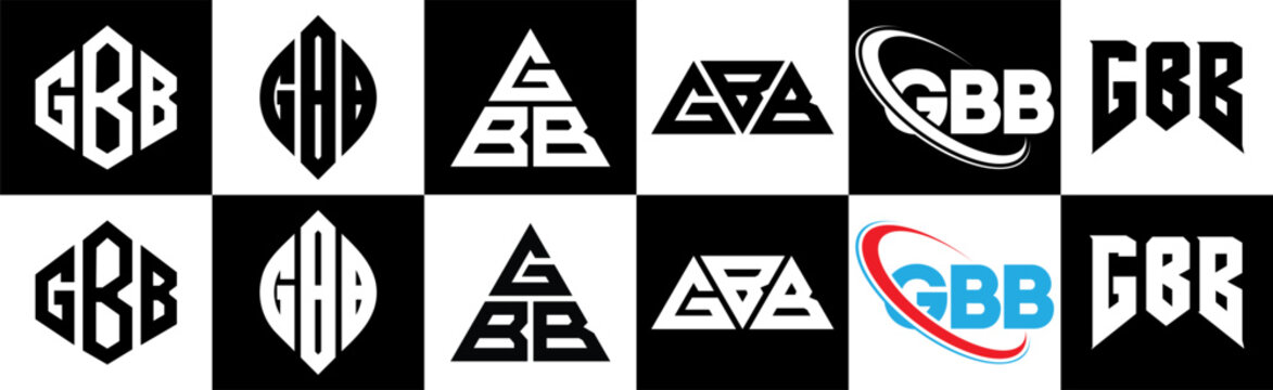 GBB letter logo design in six style. GBB polygon, circle, triangle, hexagon, flat and simple style with black and white color variation letter logo set in one artboard. GBB minimalist and classic logo