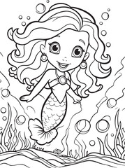 happy mermaid cute outline coloring page illustration