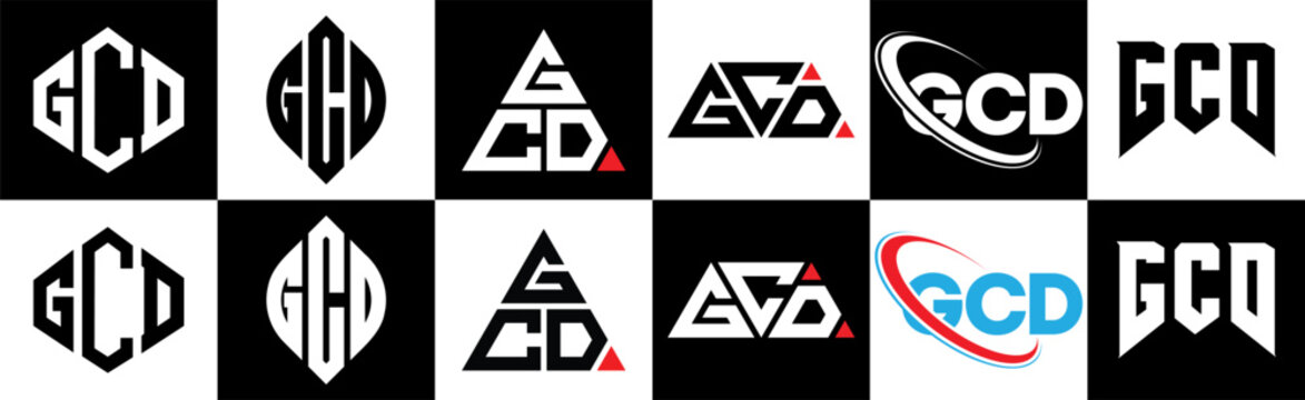 GCD letter logo design in six style. GCD polygon, circle, triangle, hexagon, flat and simple style with black and white color variation letter logo set in one artboard. GCD minimalist and classic logo