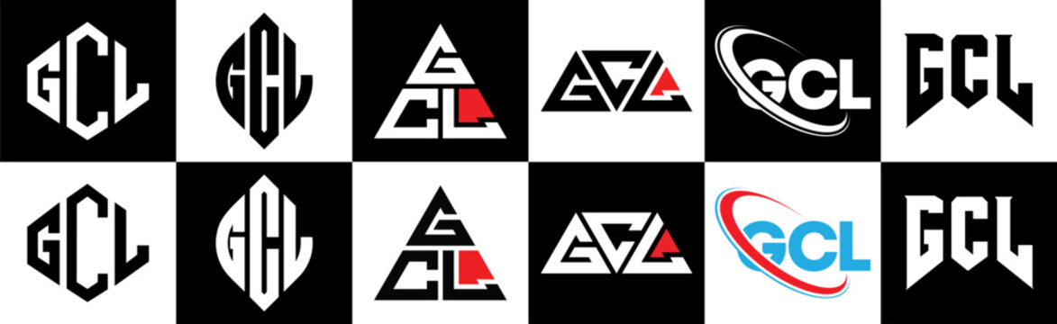 GCL letter logo design in six style. GCL polygon, circle, triangle, hexagon, flat and simple style with black and white color variation letter logo set in one artboard. GCL minimalist and classic logo