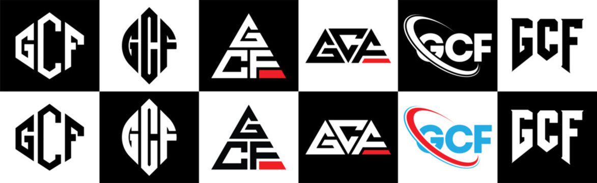 GCF letter logo design in six style. GCF polygon, circle, triangle, hexagon, flat and simple style with black and white color variation letter logo set in one artboard. GCF minimalist and classic logo