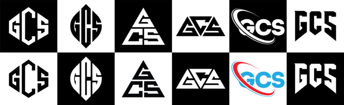 GCS letter logo design in six style. GCS polygon, circle, triangle, hexagon, flat and simple style with black and white color variation letter logo set in one artboard. GCS minimalist and classic logo