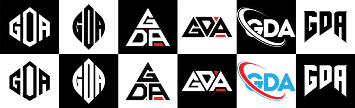 GDA letter logo design in six style. GDA polygon, circle, triangle, hexagon, flat and simple style with black and white color variation letter logo set in one artboard. GDA minimalist and classic logo