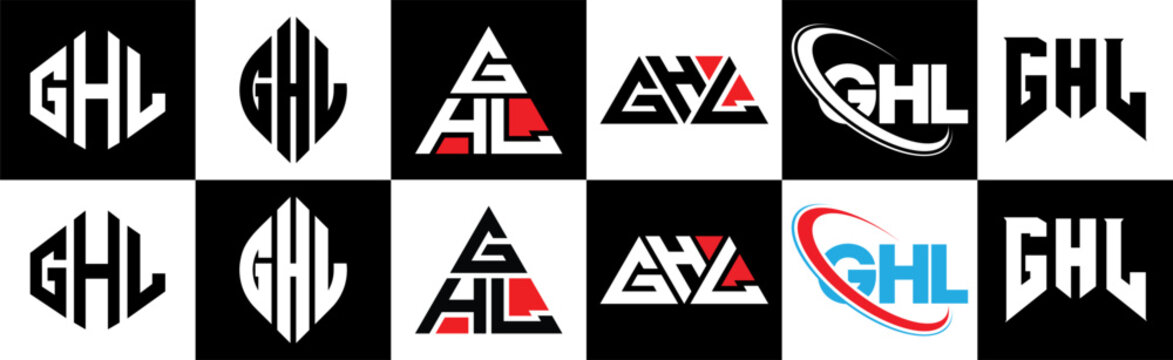 GHL letter logo design in six style. GHL polygon, circle, triangle, hexagon, flat and simple style with black and white color variation letter logo set in one artboard. GHL minimalist and classic logo