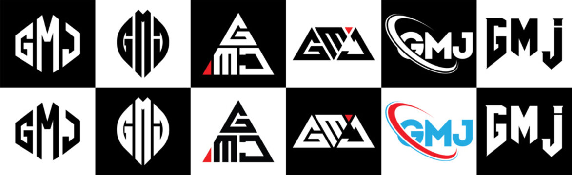 GMJ letter logo design in six style. GMJ polygon, circle, triangle, hexagon, flat and simple style with black and white color variation letter logo set in one artboard. GMJ minimalist and classic logo
