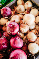 Rustic Allure: Up-Close Shot of Beautiful Purple and Yellow Onions at Farmers Market