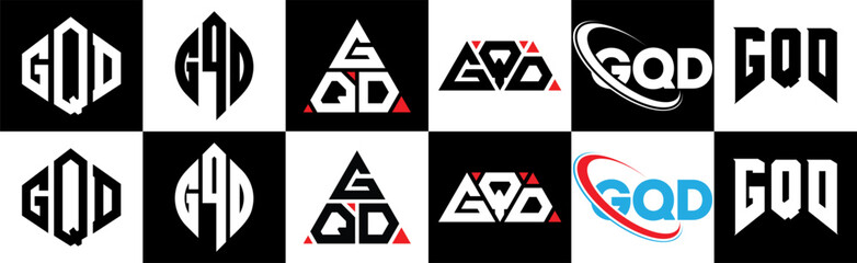 GQD letter logo design in six style. GQD polygon, circle, triangle, hexagon, flat and simple style with black and white color variation letter logo set in one artboard. GQD minimalist and classic logo