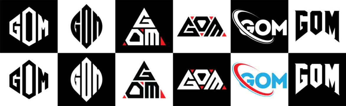 GOM letter logo design in six style. GOM polygon, circle, triangle, hexagon, flat and simple style with black and white color variation letter logo set in one artboard. GOM minimalist and classic logo