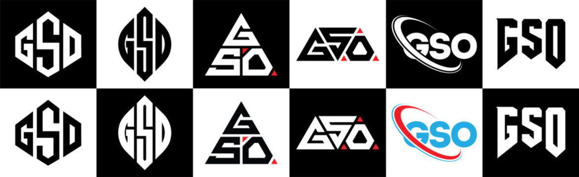 GSO letter logo design in six style. GSO polygon, circle, triangle, hexagon, flat and simple style with black and white color variation letter logo set in one artboard. GSO minimalist and classic logo