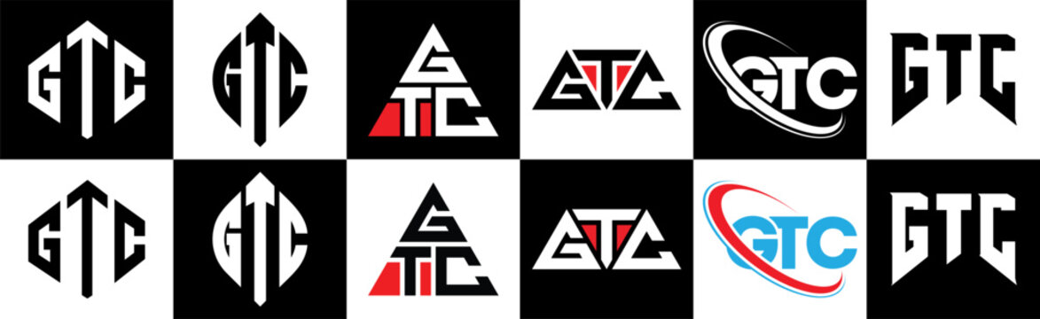 GTC letter logo design in six style. GTC polygon, circle, triangle, hexagon, flat and simple style with black and white color variation letter logo set in one artboard. GTC minimalist and classic logo