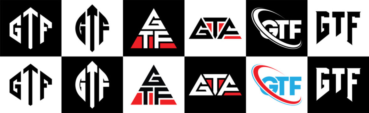 GTF letter logo design in six style. GTF polygon, circle, triangle, hexagon, flat and simple style with black and white color variation letter logo set in one artboard. GTF minimalist and classic logo