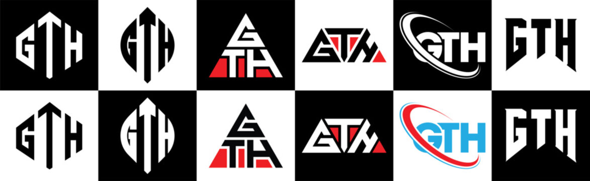 GTH letter logo design in six style. GTH polygon, circle, triangle, hexagon, flat and simple style with black and white color variation letter logo set in one artboard. GTH minimalist and classic logo
