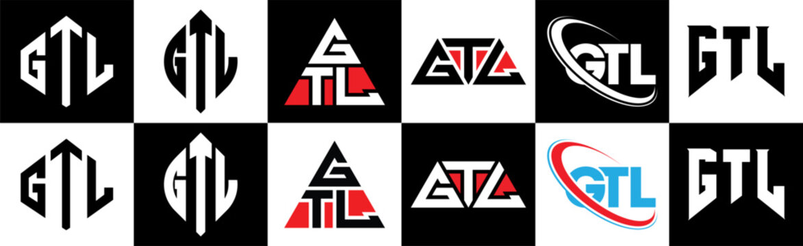 GTL letter logo design in six style. GTL polygon, circle, triangle, hexagon, flat and simple style with black and white color variation letter logo set in one artboard. GTL minimalist and classic logo
