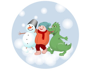 Snowman, boy and dragon enjoying winter