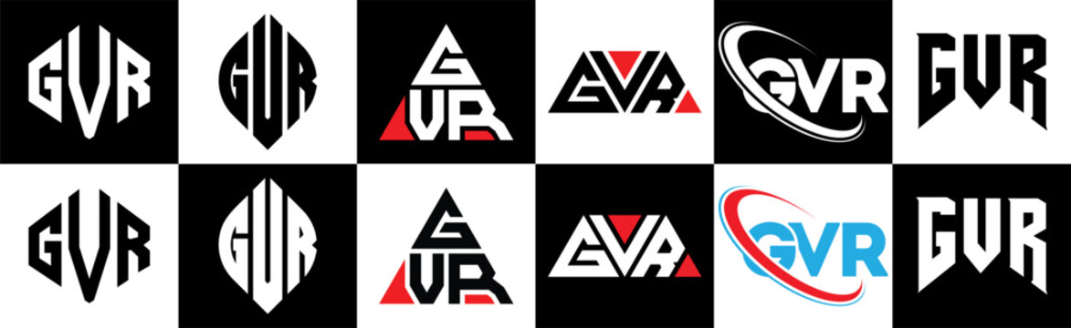 GVR letter logo design in six style. GVR polygon, circle, triangle, hexagon, flat and simple style with black and white color variation letter logo set in one artboard. GVR minimalist and classic logo