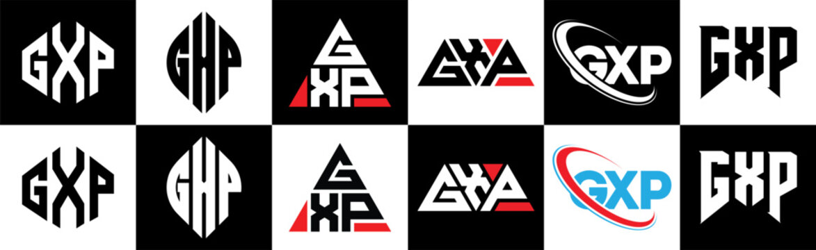 GXP letter logo design in six style. GXP polygon, circle, triangle, hexagon, flat and simple style with black and white color variation letter logo set in one artboard. GXP minimalist and classic logo