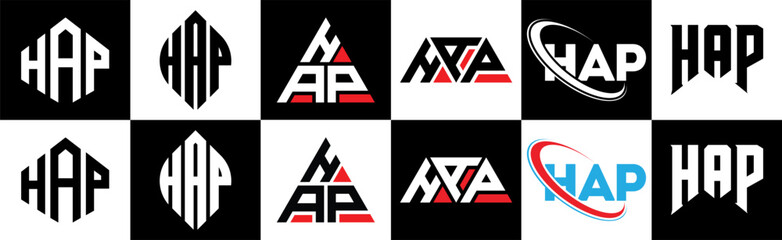 HAP letter logo design in six style. HAP polygon, circle, triangle, hexagon, flat and simple style with black and white color variation letter logo set in one artboard. HAP minimalist and classic logo