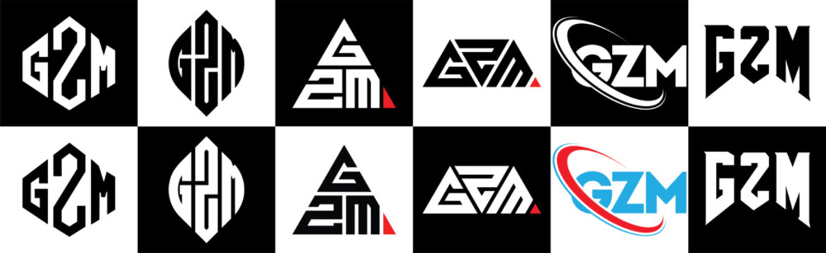 GZM letter logo design in six style. GZM polygon, circle, triangle, hexagon, flat and simple style with black and white color variation letter logo set in one artboard. GZM minimalist and classic logo