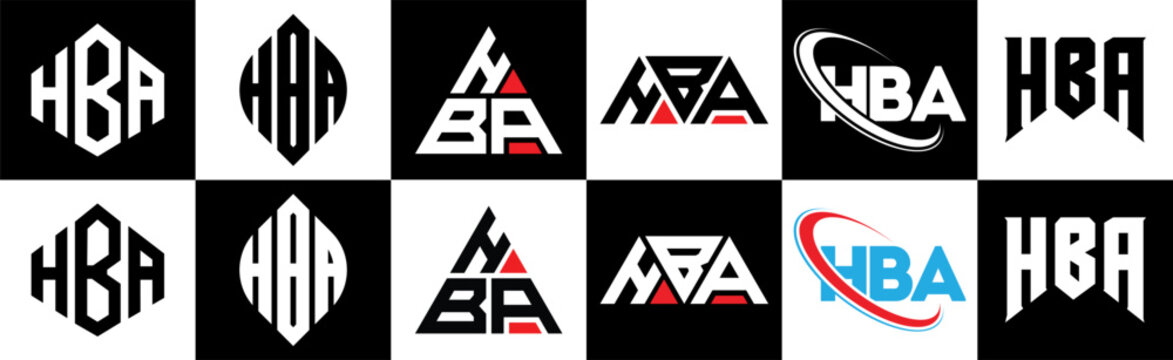 HBA letter logo design in six style. HBA polygon, circle, triangle, hexagon, flat and simple style with black and white color variation letter logo set in one artboard. HBA minimalist and classic logo