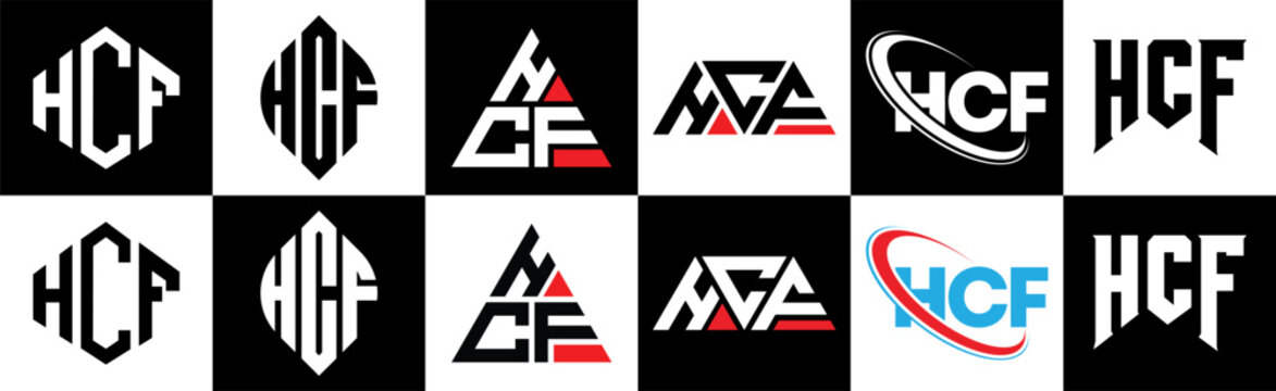 HCF letter logo design in six style. HCF polygon, circle, triangle, hexagon, flat and simple style with black and white color variation letter logo set in one artboard. HCF minimalist and classic logo