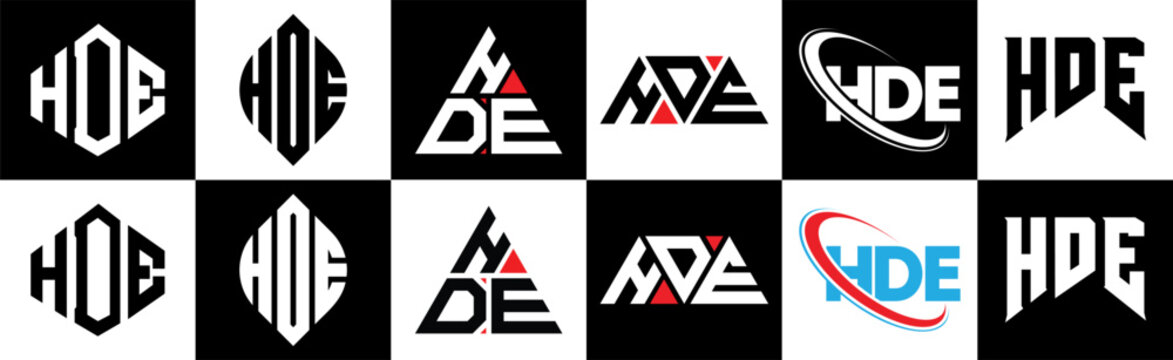 HDE letter logo design in six style. HDE polygon, circle, triangle, hexagon, flat and simple style with black and white color variation letter logo set in one artboard. HDE minimalist and classic logo