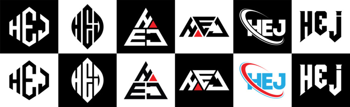 HEJ letter logo design in six style. HEJ polygon, circle, triangle, hexagon, flat and simple style with black and white color variation letter logo set in one artboard. HEJ minimalist and classic logo