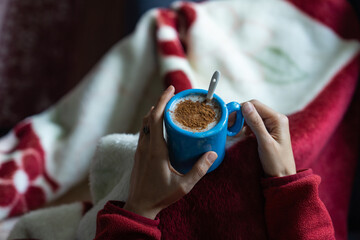 Traditional Turkish Drink Sahlep (Salep), Blanket in the Winter Mood Photo, Uskudar Istanbul, Turkiye (Turkey)