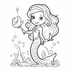 happy mermaid cute outline coloring page illustration
