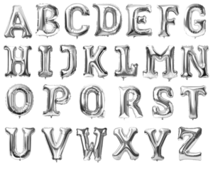 Letters of alphabet made with foil silver birthday balloons