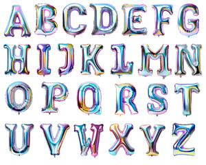 Letters of alphabet made with foil holographic birthday balloons - obrazy, fototapety, plakaty
