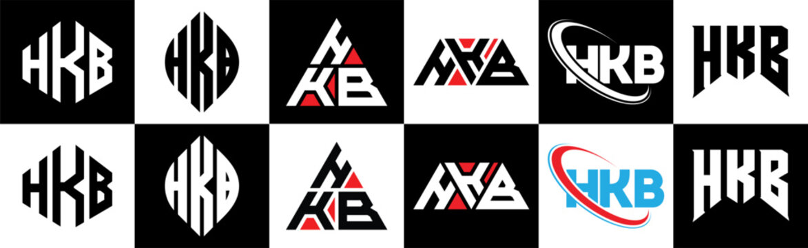 HKB letter logo design in six style. HKB polygon, circle, triangle, hexagon, flat and simple style with black and white color variation letter logo set in one artboard. HKB minimalist and classic logo