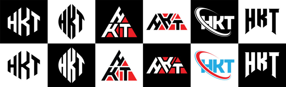 HKT letter logo design in six style. HKT polygon, circle, triangle, hexagon, flat and simple style with black and white color variation letter logo set in one artboard. HKT minimalist and classic logo