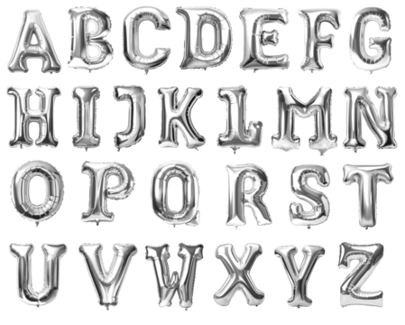 Letters of alphabet made with foil silver birthday balloons