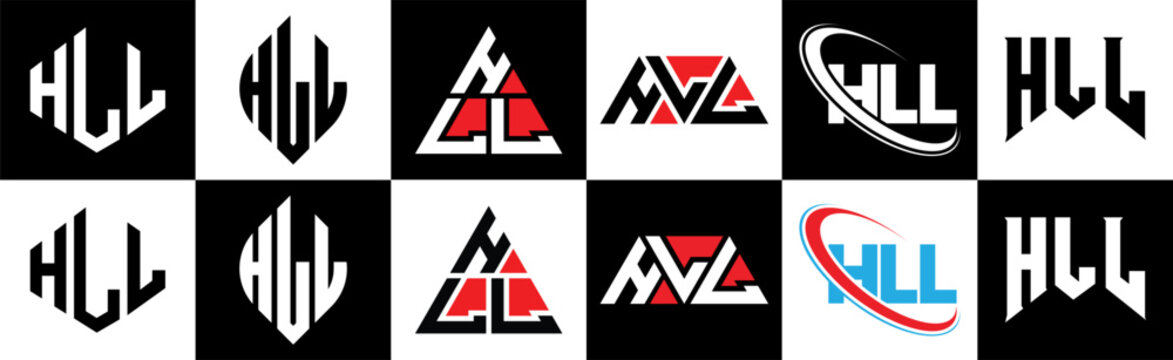 HLL letter logo design in six style. HLL polygon, circle, triangle, hexagon, flat and simple style with black and white color variation letter logo set in one artboard. HLL minimalist and classic logo
