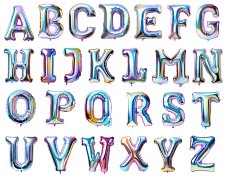 Letters of alphabet made with foil holographic birthday balloons