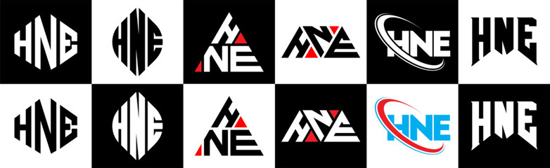 HNE letter logo design in six style. HNE polygon, circle, triangle, hexagon, flat and simple style with black and white color variation letter logo set in one artboard. HNE minimalist and classic logo