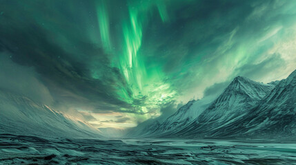 Fototapeta premium Aurora Overcast: The ethereal glow of the Northern Lights painting the sky amidst storm clouds, creating a mesmerizing display of natural wonders
