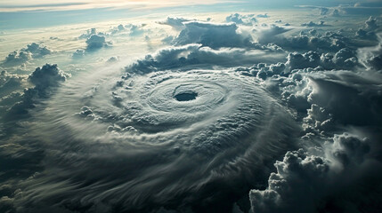 Hurricane's Eye:  An aerial view into the calm eye of a hurricane, surrounded by swirling clouds and the vast expanse of the storm's outer bands