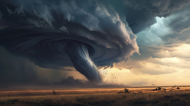 Twister's Dance:  A tornado swirling across the plains, capturing the ominous beauty and destructive force of this meteorological phenomenon