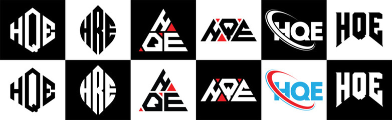 HQE letter logo design in six style. HQE polygon, circle, triangle, hexagon, flat and simple style with black and white color variation letter logo set in one artboard. HQE minimalist and classic logo