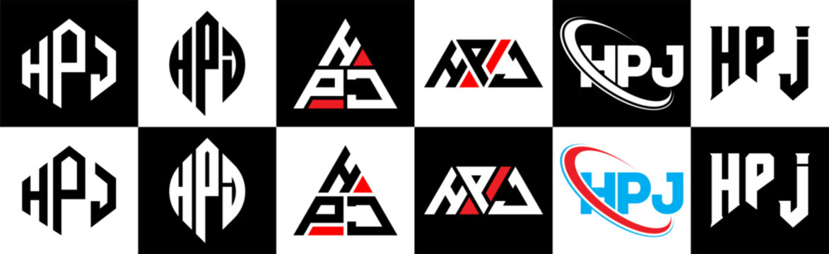 HPJ letter logo design in six style. HPJ polygon, circle, triangle, hexagon, flat and simple style with black and white color variation letter logo set in one artboard. HPJ minimalist and classic logo