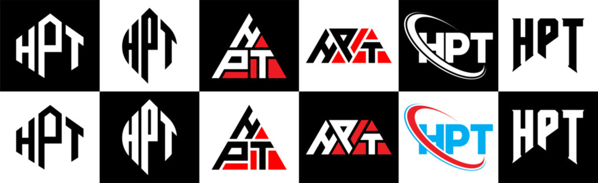 HPT letter logo design in six style. HPT polygon, circle, triangle, hexagon, flat and simple style with black and white color variation letter logo set in one artboard. HPT minimalist and classic logo