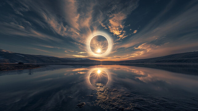 Halos and Horizons:  Atmospheric halos around the sun or moon, casting a celestial glow over a panoramic landscape
