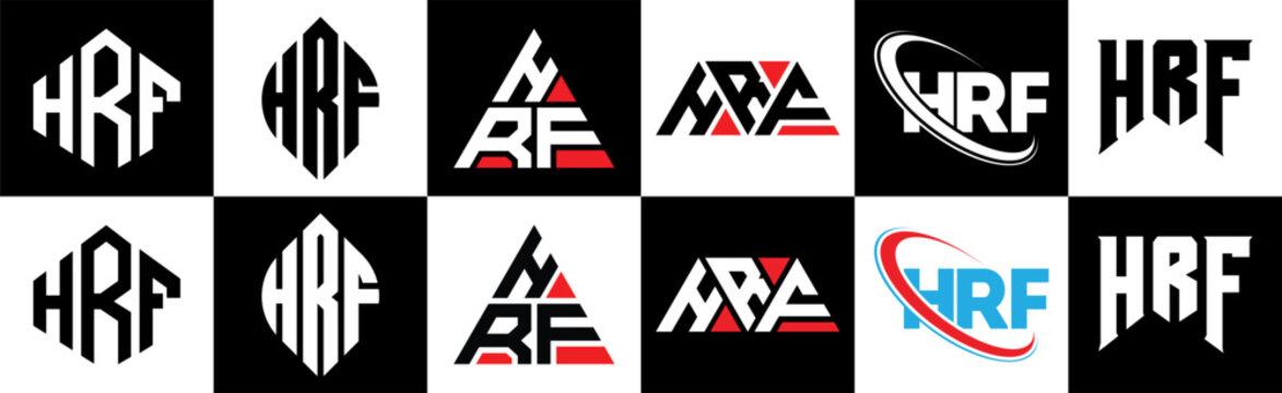 HRF letter logo design in six style. HRF polygon, circle, triangle, hexagon, flat and simple style with black and white color variation letter logo set in one artboard. HRF minimalist and classic logo