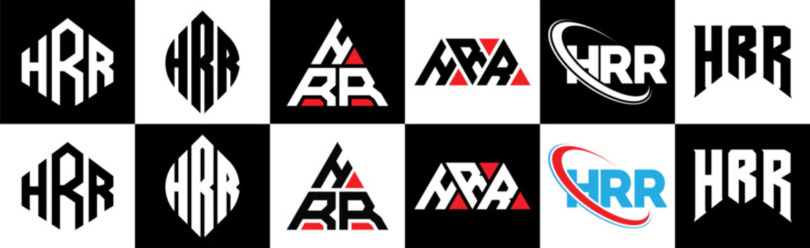 HRR letter logo design in six style. HRR polygon, circle, triangle, hexagon, flat and simple style with black and white color variation letter logo set in one artboard. HRR minimalist and classic logo