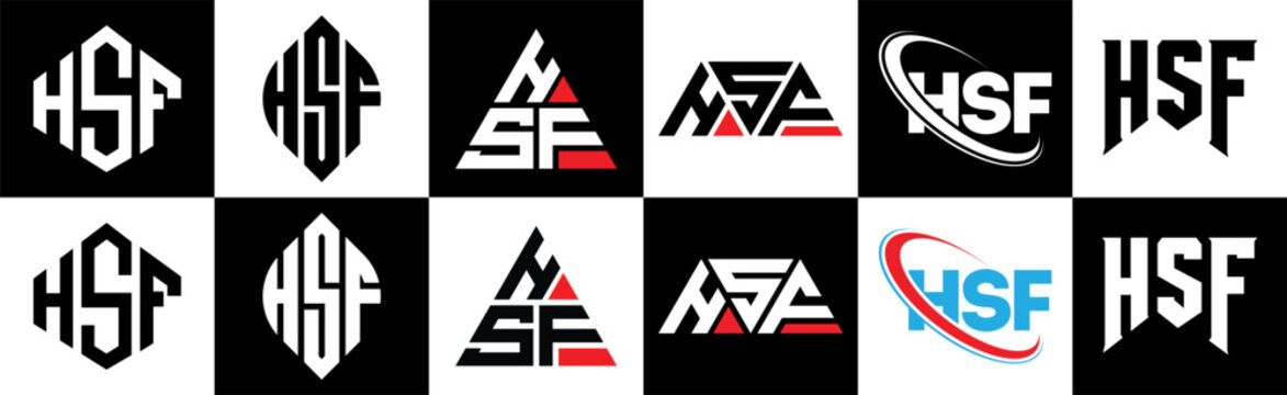 HSF letter logo design in six style. HSF polygon, circle, triangle, hexagon, flat and simple style with black and white color variation letter logo set in one artboard. HSF minimalist and classic logo