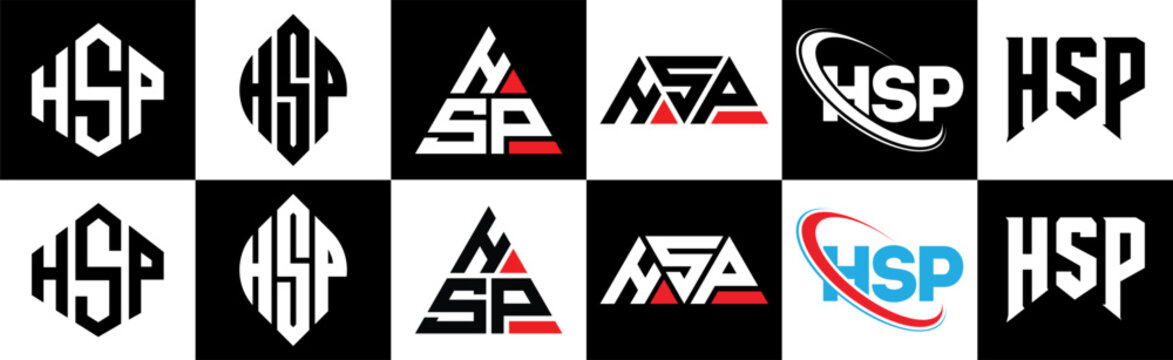 HSP letter logo design in six style. HSP polygon, circle, triangle, hexagon, flat and simple style with black and white color variation letter logo set in one artboard. HSP minimalist and classic logo