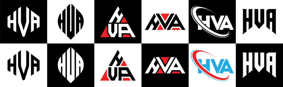 HVA letter logo design in six style. HVA polygon, circle, triangle, hexagon, flat and simple style with black and white color variation letter logo set in one artboard. HVA minimalist and classic logo