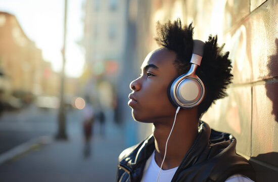 Portrait of a black stylish teen standing near a painted wall outdoors, listening to music with headphones. Urban city lifestyle.
