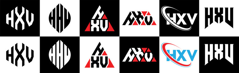 HXV letter logo design in six style. HXV polygon, circle, triangle, hexagon, flat and simple style with black and white color variation letter logo set in one artboard. HXV minimalist and classic logo